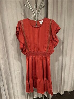 Smocked Waist Rust-Red/burnt orange Dress with Ruffle Sleeves
